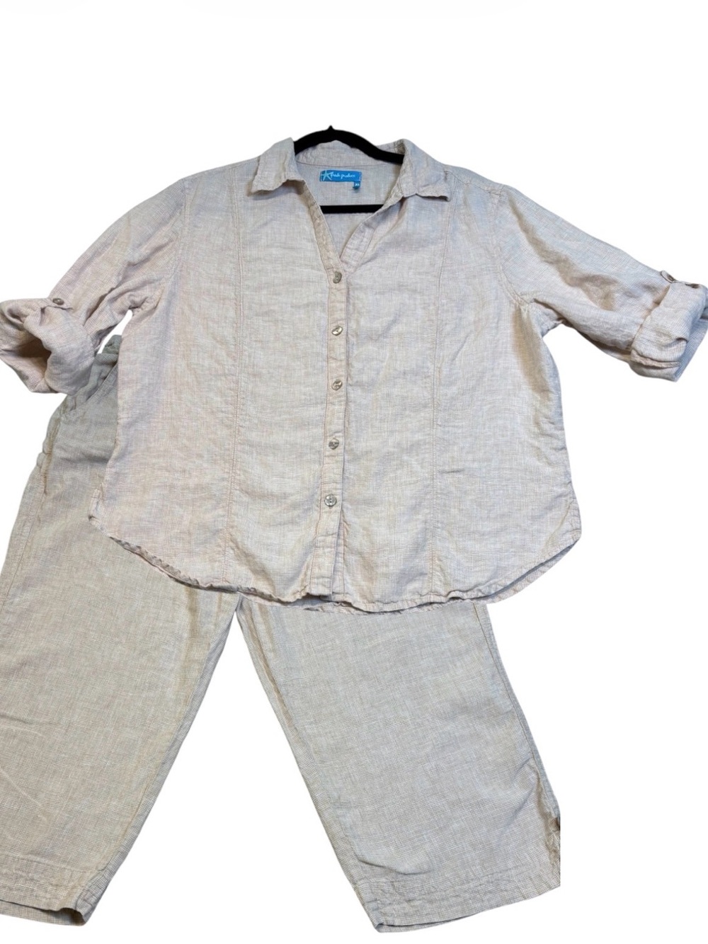 fresh produce Neutral Beige Linen Cropped Pants with Button-Front Shirt